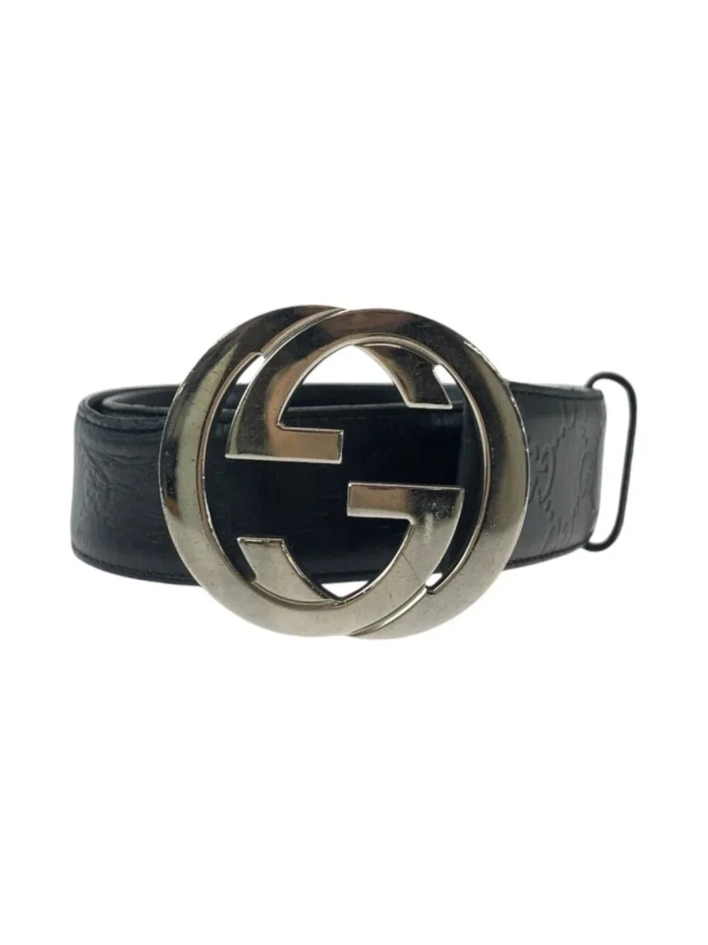 Gucci Guccissima Interlocking 85 Black Silver Leather Belt Buckle